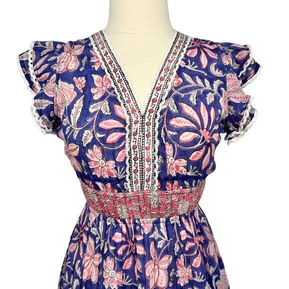 NWT Sal Rosa Womens Boho Hand Block-Printed Floral Tiered Maxi Dress Size M $235 - Picture 4 of 12